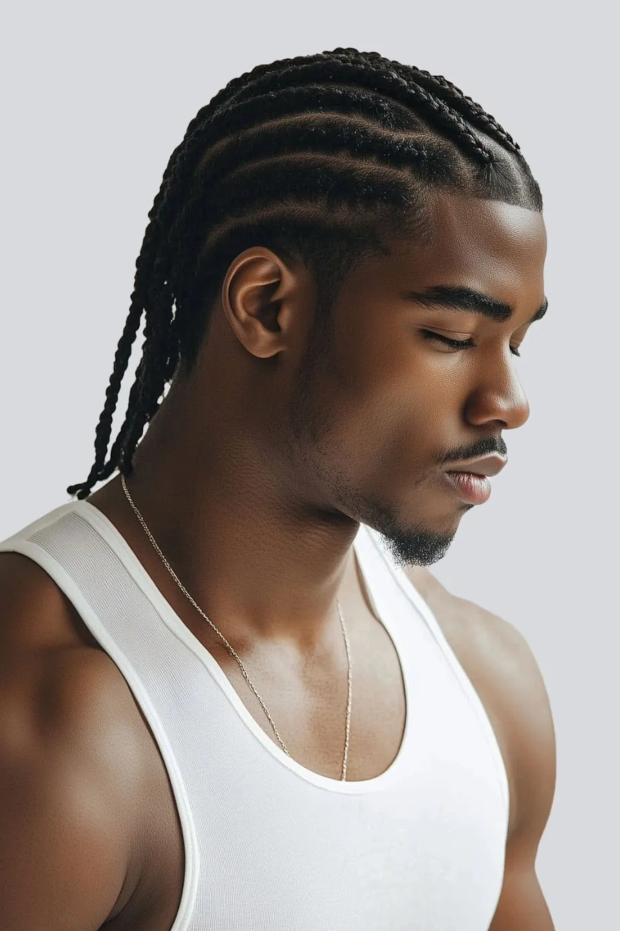 Man looking down to the right wearing about 12 cornrows that reach his shoulders