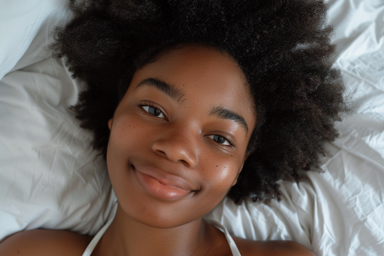 4c hair growth, young girl with 4c hair in an afro lying on bed