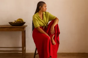 Woman with Fulani Braids sitting on a stool looking off camera